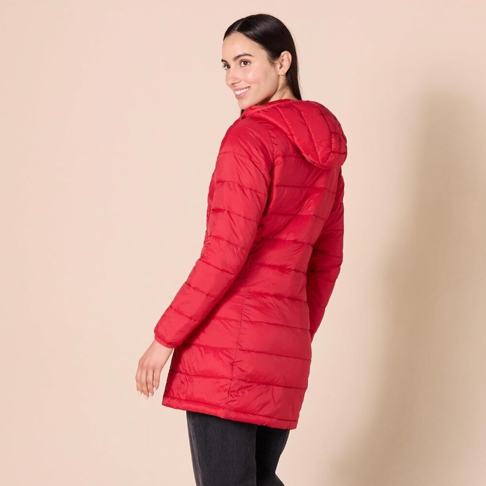 Women's Bright Poppy Red Lightweight Water-resistant Hooded Puffer Coat - Picture 3 of 5